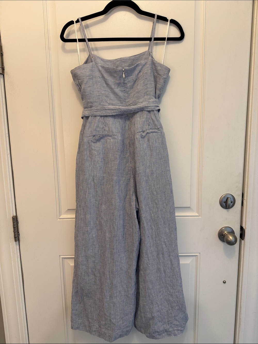 J Crew size 6 Petite Striped Blue Linen-Blend Sleeveless Jumpsuit with Tie Waist - Picture 4 of 6